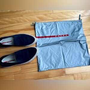 Prada Men’s Navy Slip-On Loafers with White Trim